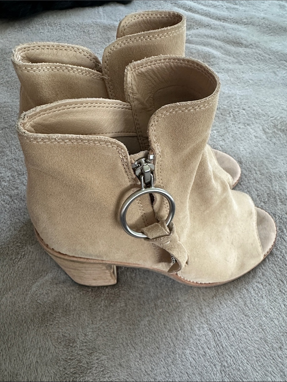 Dolce Vita Tan Suede Peep-Toe Ankle Booties with Ring Zip